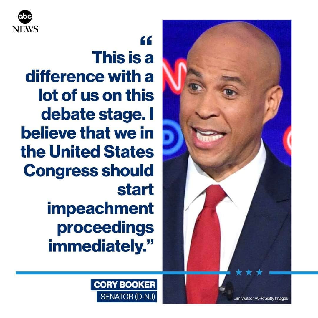 ABC Newsさんのインスタグラム写真 - (ABC NewsInstagram)「Sen. Cory Booker: "This is a difference with a lot of us on this debate stage: I believe that we in the United States Congress should start impeachment proceedings immediately." #DemDebate」8月1日 11時29分 - abcnews