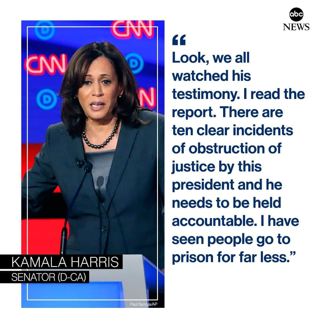 ABC Newsさんのインスタグラム写真 - (ABC NewsInstagram)「Sen. Kamala Harris: "There are ten clear incidents of obstruction of justice by this president and he needs to be held accountable. I have seen people go to prison for far less.” #kamalaharris #DemDebate #mueller #donaldtrump」8月1日 11時34分 - abcnews