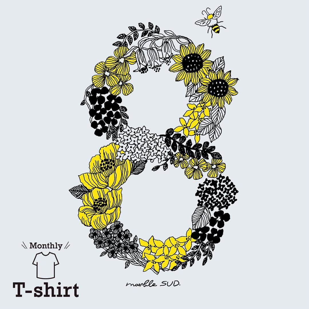 marbleSUD(マーブルシュッド) のインスタグラム：「【Monthly T-shirt】 8月1日(木)発売の「Monthly T-shirt」は…。8(はち)にちなんで、蜂(はち)。なんとダジャレが取り入れられたユニークな1枚。夏らしい向日葵も描かれたボタニカルプリントで大人可愛くキメてみませんか？今回も同じ柄の缶バッジも付き！ ・ 直営店、online shop共に、1ヶ月限定での発売となっております。数量限定のレアアイテム！月初がチャンスです！この機会にぜひゲットしてくださいね！ ・ 【8月 Monthly T-shirt】 販売期間：8月1日(木)〜31日(土) ※無くなり次第終了 ・ #marblesud #マーブルシュッド #8月 #august #イベント #カレンダー #ラッキーナンバー #マンスリー #tshirt #Tシャツ #限定 #誕生月 #プレゼント #暦 #new #ファッション #夏 #ボタニカル #向日葵 #ひまわり #koyomiforyou」