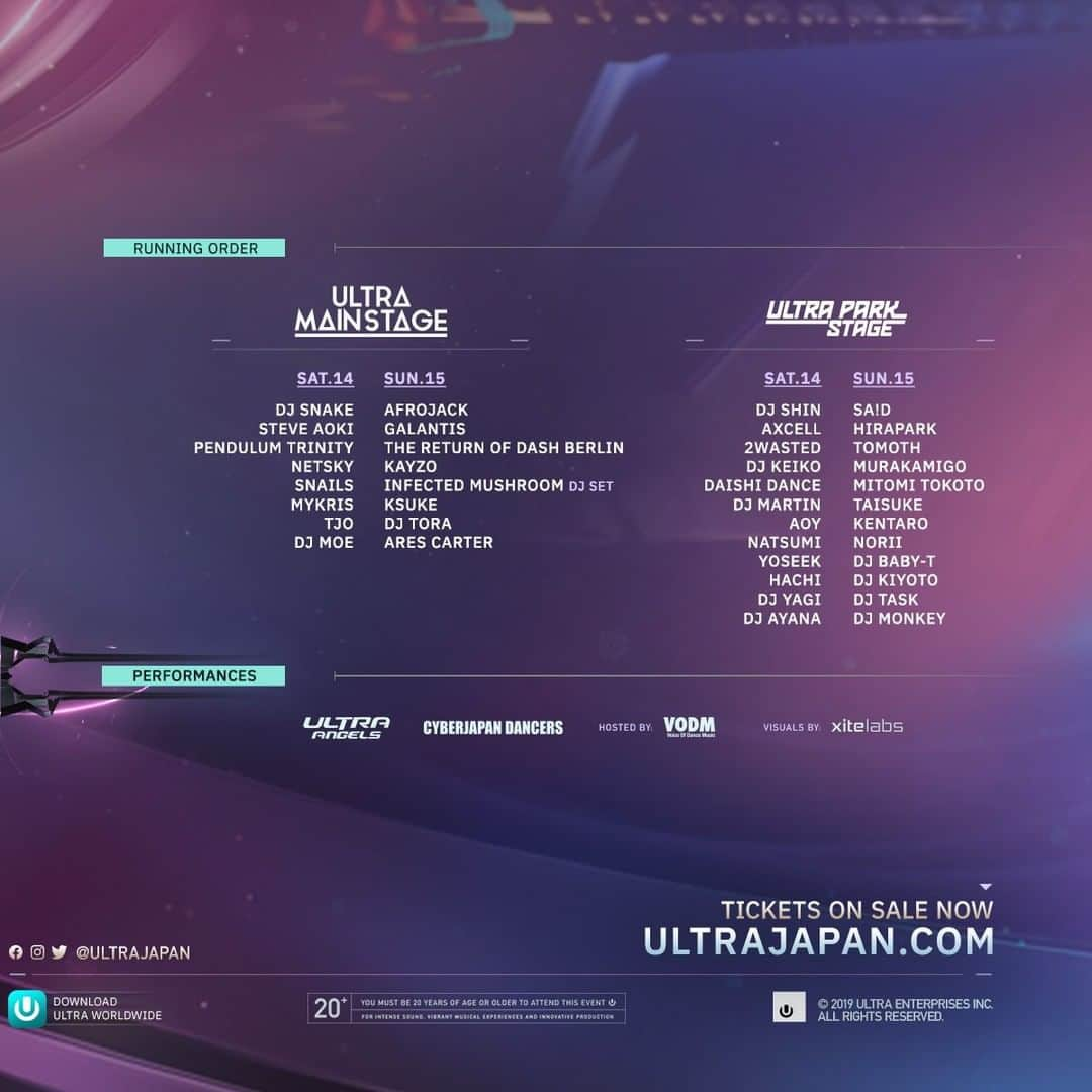 Ultra Japanさんのインスタグラム写真 - (Ultra JapanInstagram)「The Final Lineup for the 2019 Limited Edition of Ultra Japan has landed! . ULTRA JAPAN 2019 日割り/FULL LINEUPの発表🙌💥 2020へ向け熱を上げていく東京のド真ん中で、最高の2DAYSを創りましょう❗ . ⚡️ #UltraJapan アドバンスチケット絶賛発売中!! >> @UltraJapan プロフィールリンク . . HEADLINERS: @afrojack The Return of @dashberlin @djsnake @wearegalantis @pendulum TRINITY @steveaoki . SUPPORT: @infectedmushroom (DJ Set) @kayzomusic @netskyofficial @snailmusic . and more… . Tickets are on sale now >> @UltraJapan Link in Profile」8月1日 16時00分 - ultrajapan