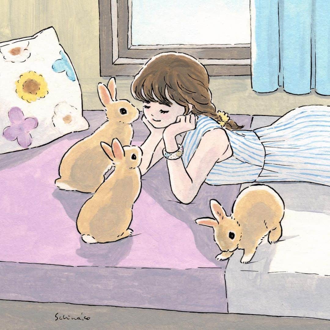 森山標子(しなこ)/Schinakoさんのインスタグラム写真 - (森山標子(しなこ)/SchinakoInstagram)「It is August!🌞 8月ですね！ うさぎさんは涼しいお部屋で元気でいるのがお仕事です。 https://sachemini.shop-pro.jp/?pid=133022731 * #illustration#art#drawing#design#acrylicpaint#アクリル絵の具#rabbit#bunny#うさぎ」8月1日 20時12分 - schinako