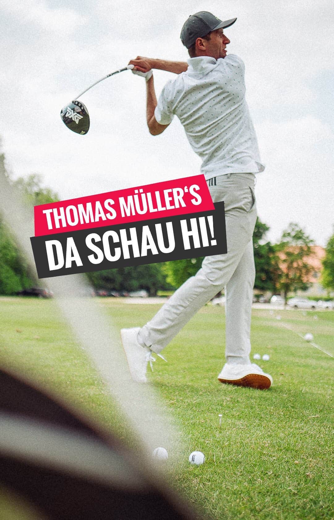 トーマス・ミュラーのインスタグラム：「Ready for the next „DA SCHAU HI“- video?  This time we have done a special golf challenge with 🏌🏾‍♂️professional @Marcel_Siem 👍🏼Have fun! 😀🤣😬 #DaSchauHi #esmuellert #golfchallenge #thomasmüller #marcelsiem」