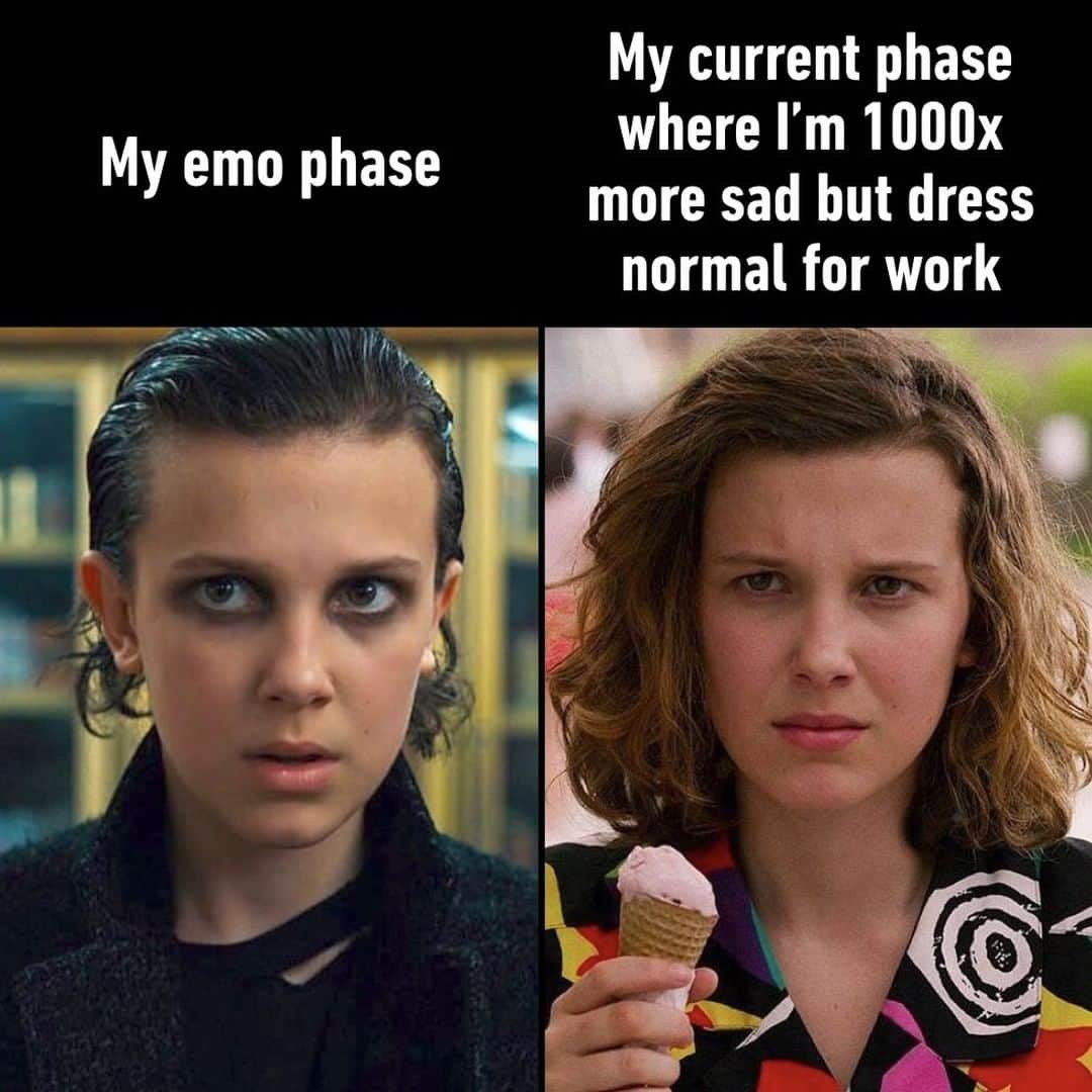 9GAGさんのインスタグラム写真 - (9GAGInstagram)「The next phase will be wearing cute clothes while I'm dead inside⠀ #strangerthings #emo #bitchin #9gag」8月2日 6時02分 - 9gag