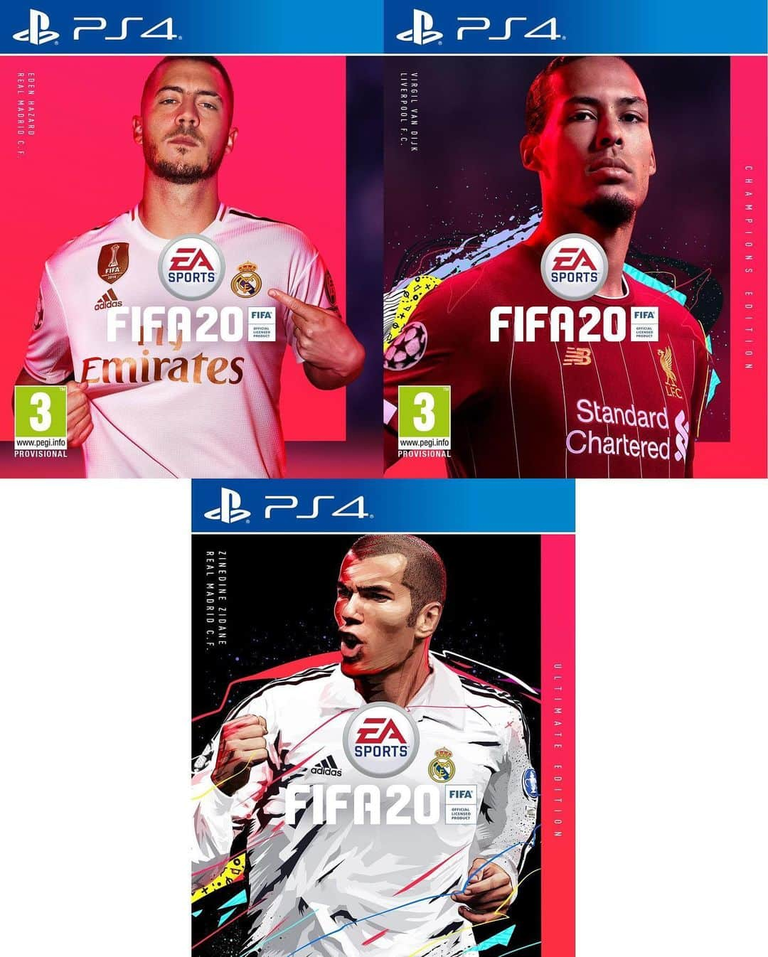 サッカーキングさんのインスタグラム写真 - (サッカーキングInstagram)「. 🎮New Cover😎 . 9月24日発売のFIFA20。3パターンで発売される各パッケージの表紙はこちら👀 . #FIFA20 #EA #EASports #EASportsFIFA #アザール #EdenHazard #Hazard #レアルマドリード #RealMadrid #ファンダイク #VirgilVanDijk #VanDijk #リヴァプール #Liverpool #チャンピオンズリーグ #ChampionsLeague #UCL #ジダン #ZinedineZidane #Zidane #🎮 #ゲーム #Game #eSports」8月2日 14時30分 - soccerkingjp