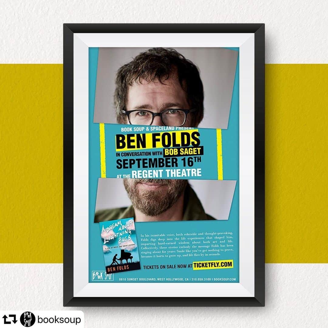 ボブ・サゲットさんのインスタグラム写真 - (ボブ・サゲットInstagram)「Repost @booksoup・・・ 🎼✨We are so happy to present American singer-songwriter, Ben Folds, in conversation with Bob Saget, discussing and signing, A Dream about Lightning Bugs: A Life of Music and Cheap Lessons, a memoir that is as nuanced, witty, and relatable as his cult-classic songs.  Ben Folds is a celebrated American singer-songwriter, beloved for songs such as "Brick," "You Don't Know Me," "Rockin' the Suburbs," and "The Luckiest," and is the former frontman of the alternative rock band Ben Folds Five. But Folds will be the first to tell you he's an unconventional icon, more normcore than hardcore. Now, in his first book, Folds looks back at his life so far in a charming and wise chronicle of his artistic coming of age, infused with the wry observations of a natural storyteller.  In the title chapter, "A Dream About Lightning Bugs," Folds recalls his earliest childhood dream--and realizes how much it influenced his understanding of what it means to be an artist. In "Measure Twice, Cut Once" he learns to resist the urge to skip steps during the creative process. In "Hall Pass" he recounts his 1970s North Carolina working-class childhood, and in "Cheap Lessons" he returns to the painful life lessons he learned the hard way--but that luckily didn't kill him.  In his inimitable voice, both relatable and thought-provoking, Folds digs deep into the life experiences that shaped him, imparting hard-earned wisdom about both art and life. Collectively, these stories embody the message Folds has been singing about for years: Smile like you've got nothing to prove, because it hurts to grow up, and life flies by in seconds. "Besides being super talented, and an incredibly poignant and multifaceted musician, Ben Folds is a fantastic author. I couldn't put this book down--and not just because I taped it to my hand. Ben takes us into his mind and into his process from the very beginnings of his childhood to where he is today--one of the greatest musicians and writers that has ever graced the art." --Bob Saget  This event will take place at the Regent Theatre DTLA located at 448 S Main St, Los Angeles, CA 90013. Doors open at 7:00pm, event starts at 8:00pm.  Tickets: $35.」8月2日 14時32分 - bobsaget