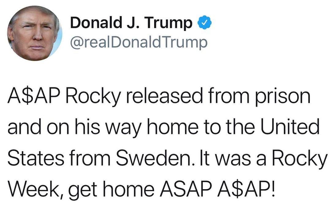 ドナルド・トランプさんのインスタグラム写真 - (ドナルド・トランプInstagram)「A$AP Rocky released from prison and on his way home to the United States from Sweden. It was a Rocky Week, get home ASAP A$AP!」8月3日 2時45分 - realdonaldtrump