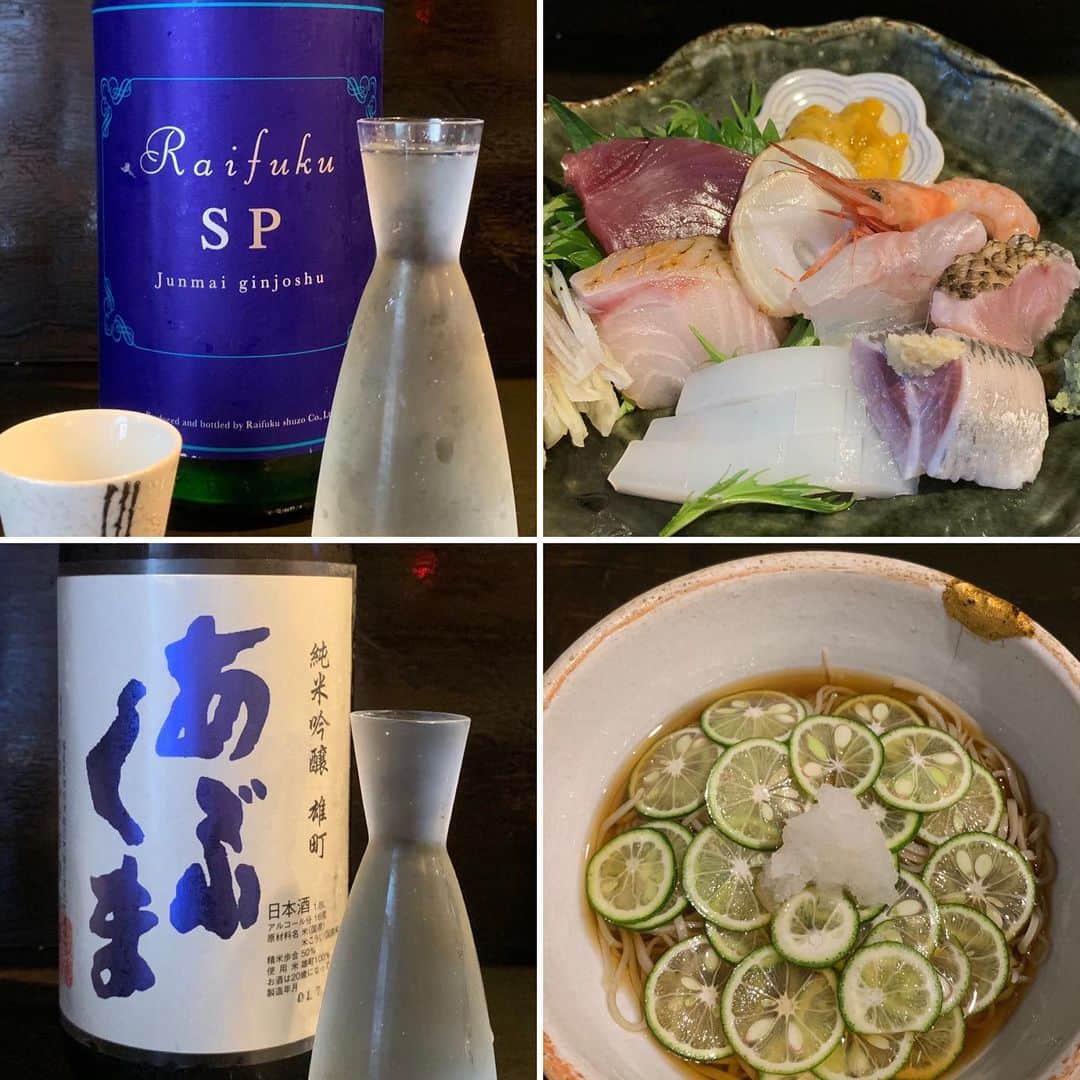 くろさんのインスタグラム写真 - (くろInstagram)「今宵は日本酒🍶 今週もお疲れちゃんでした🙇‍♂️ #日本酒 #来福 #raifuku #あぶくま #純米吟醸雄町 #刺し盛り #刺身 #刺身盛り合わせ #刺身盛り #日本人でよかった #爆弾つくね #鉄板じゅうじゅう #花金 #華金 #ハナキン #〆は #巣立ち蕎麦 #手打ち蕎麦 #和食 #和食ばんざい #おごちそうさまでした」8月2日 19時24分 - m6bmw