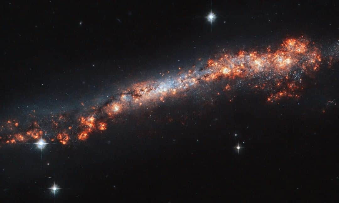 NASAさんのインスタグラム写真 - (NASAInstagram)「Believe it or not, this long, glowing streak, speckled with bright blisters and pockets of material, is a spiral galaxy like our Milky Way. But how could that be?  It turns out that we see this galaxy, named NGC 3432, oriented directly edge-on to us from our vantage point here on Earth. The galaxy’s spiral arms and bright core are hidden, and we instead see the thin strip of its very outer reaches. Dark bands of cosmic dust, patches of varying brightness and pink regions of star formation help with making out the true shape of NGC 3432 — but it’s still somewhat of a challenge! Because observatories such as the NASA/ESA Hubble Space Telescope have seen spiral galaxies at every kind of orientation, astronomers can tell when we happen to have caught one from the side.  The galaxy is located in the constellation of Leo Minor (the Lesser Lion). Other telescopes that have had NGC 3432 in their sights include those of the Sloan Digital Sky Survey, the Galaxy Evolution Explorer (GALEX) and the Infrared Astronomical Satellite (IRAS). Image credit: ESA/Hubble & NASA, A. Filippenko, R. Jansen」8月3日 11時00分 - nasagoddard