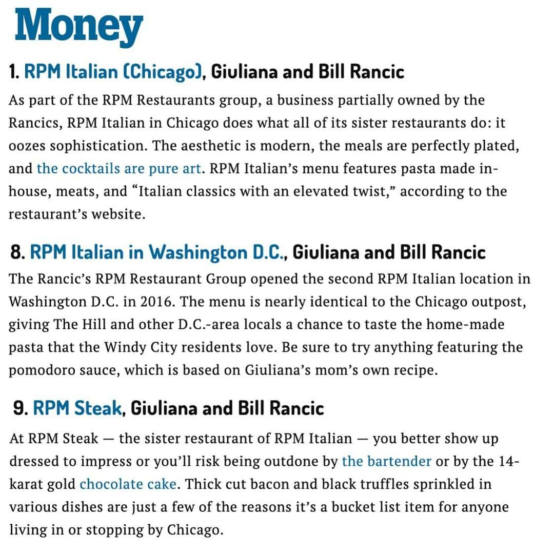 ビル・ランシックのインスタグラム：「Great to see @moneymag has named all three RPMs in the Top 10 of their most recent restaurant list. Thank you to our incredible RPM team of 1000+ talented people we truly appreciate! Special shoutout to @rjmelman @mollymelman @jerrodmelman @therealdpsalt @clancylady @cdmeers @chi_somm. Link in bio for the full article in Money Magazine.」