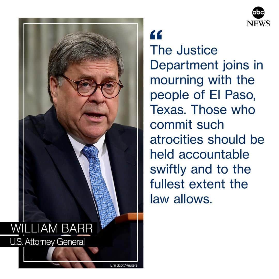 ABC Newsさんのインスタグラム写真 - (ABC NewsInstagram)「NEW: Attorney General Bill Barr on the El Paso mass shooting: "The Justice Department joins in mourning with the people of El Paso, Texas. Those who commit such atrocities should be held accountable swiftly and to the fullest extent the law allows." #breakingnews @news #abcnews #politics #shooting #elpaso」8月4日 7時15分 - abcnews