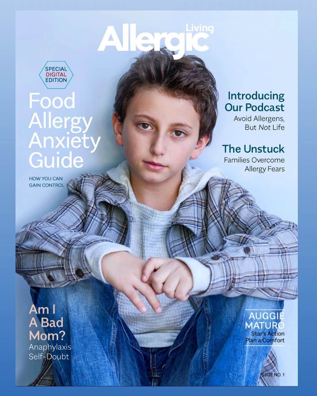 オーガスト・マトゥーロのインスタグラム：「Let’s talk about ANXIETY 🙃 So many of us live with it, esp kids with #foodallergies & their parents. I loved talking with @allergiclivingmag about the times I’ve had severe #foodallergy reactions and what I did about the anxiety that happens after that. I also share how I manage to stay food-safe on set, especially when filming in other countries. Thank you to #AllergicLiving Magazine for making me the cover of your 1st digital issue! 🥰 Photo: @axelmuench Grooming: @_hairbylaurie」
