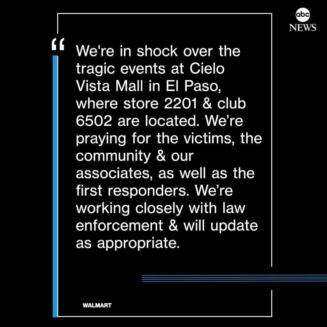 ABC Newsさんのインスタグラム写真 - (ABC NewsInstagram)「JUST IN: Walmart responds to shooting at an El, Paso, Texas mall: "We're in shock over the tragic events at Cielo Vista Mall in El Paso...We’re praying for the victims, the community & our associates as well, as the first responders." #breakingnews #abcnews #shooting #texas #elpaso #walmart」8月4日 4時28分 - abcnews