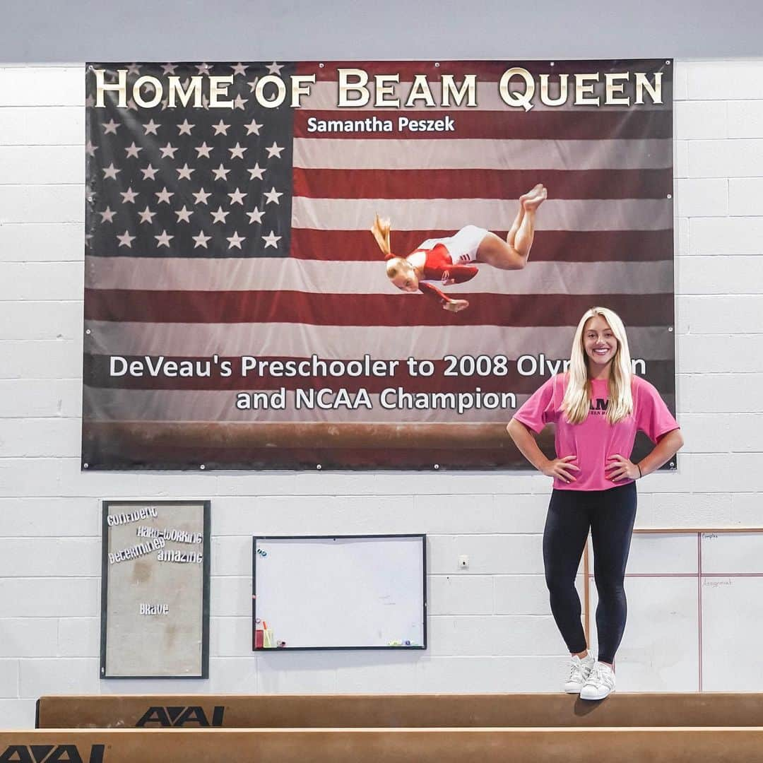 サマンサ・ペスゼックさんのインスタグラム写真 - (サマンサ・ペスゼックInstagram)「Today was special for a lot of reasons... not only was it our 3rd annual @beamqueenbootcamp in Indiana, but it’s our 24th #BQBC ever 😱 annnnd my home gym @deveausgym dedicated the beam area to me! • When I saw this banner for the first time, sooo many memories flashed in my head... the first time I did a standing full on high beam, my terrible fear of series, the millions of routines I did on this end beam (my beam for so many years) and so many more. This is my home, so it’s a crazy feeling to have it all come full circle. I learned so many life lessons here and now I get to pass on what I’ve learned to the next generation. • Sry for the sappy post, but I’m feeling all the feels right now! 😭💗 Can’t wait for another day tomorrow. #BeamParty」8月4日 10時41分 - samanthapeszek