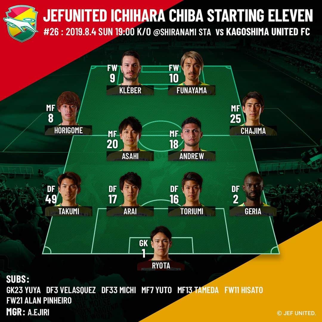 ジェフユナイテッド市原・千葉のインスタグラム：「2019.8.4 SAT 19:00 K/O vs KAGOSHIMA U FC JEFUNITED STARTING Ⅺ  #jefunited  #jef  #ジェフ千葉  #鹿児島ユナイテッドFC #明治安田生命J2リーグ  #白波スタジアム #Jリーグ  #jleague」