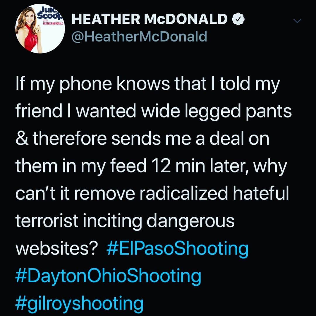 ヘザー・マクドナルドのインスタグラム：「Why? Don’t yell at me for saying I am praying for these victims and their families because I am and maybe prayers don’t help. But seriously, I’m fine with no privacy on my electronics b/c I have nothing to hide. I’m not a terrorist or a pedophile. So let us use this technology to stop these sites that brainwash our youth. They should all be shut down. You can’t show a female’s nipple in photo but can allow these sites to exist. #WTF #daytonohioshooting #elpasoshooting」