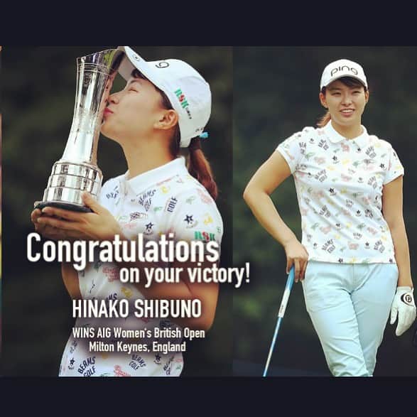 のインスタグラム：「笑顔の勝利、おめでとう！ 日本勢42年振りの快挙、勝利と共にFJグローブ。  海外女子メジャー「AIG全英女子オープン」が開催。 FJグローブ契約の渋野日向子プロが見事に優勝！  1977年以来の日本勢42年ぶり2人目のメジャー制覇の快挙を成し遂げました。 渋野プロのメジャー初出場における初優勝、 心より祝福いたします、本当におめでとうございます！  そして、この勝利を手にしたプロの手を、今回FJはグローブとして手元からサポートさせていただきました。  彼女の素敵な笑顔がこれからも見られるよう、FJは引き続きサポートしてまいります。  なお、同大会FJシューズ49%、FJグローブ39%。 使用率No1を達成しております。  プロ着用：FJグローブ(プロトタイプ＊)」