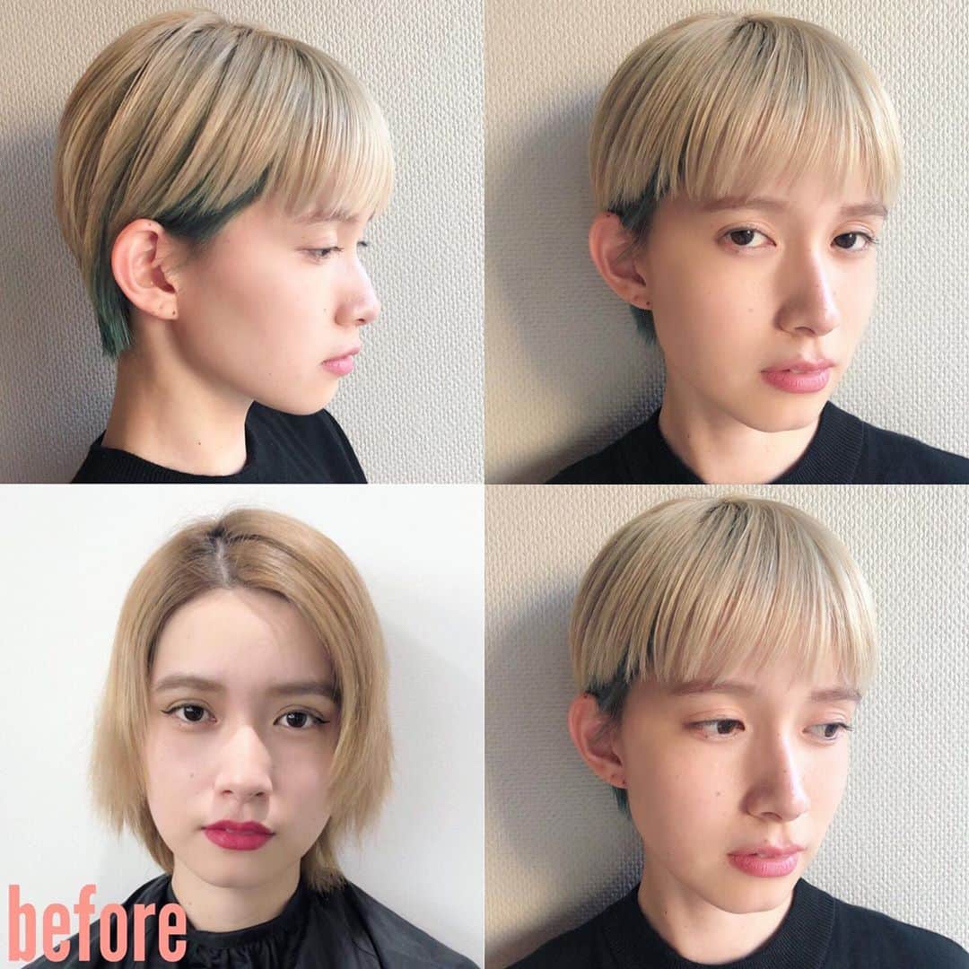 内田聡一郎さんのインスタグラム写真 - (内田聡一郎Instagram)「今日の名古屋THE3DESIGN モデルビフォーアフター 撮影後にナチュラルスタイリング。 ずっと伸ばしてくれてた髪をしっかりカットしてミニマルなショートに。 ホワイトな金髪にインナーブルーグリーンをひそかに入れてます。 撮影時とは違うリラックスしたショート。 今日の撮影のデータはまた後日お楽しみに。 #LECO #lecotokyo #hair #hairstyles #hairstyle  #haircolor  #ショートヘア #ベリーショート #ハイトーンカラー #外国人カラー #ホワイトカラー  #ベージュカラー #アッシュベージュ #color #shibuya #ヘア #ヘアスタイル #渋谷 #渋谷ヘアサロン #デザインカット #デザインカラー #JENO #bianca #松山優介  #the3design #美容師 #コンテスト #美容師の休日 #ミツイ #ヘアスタイル #クリエイティブ」8月5日 21時18分 - soucuts