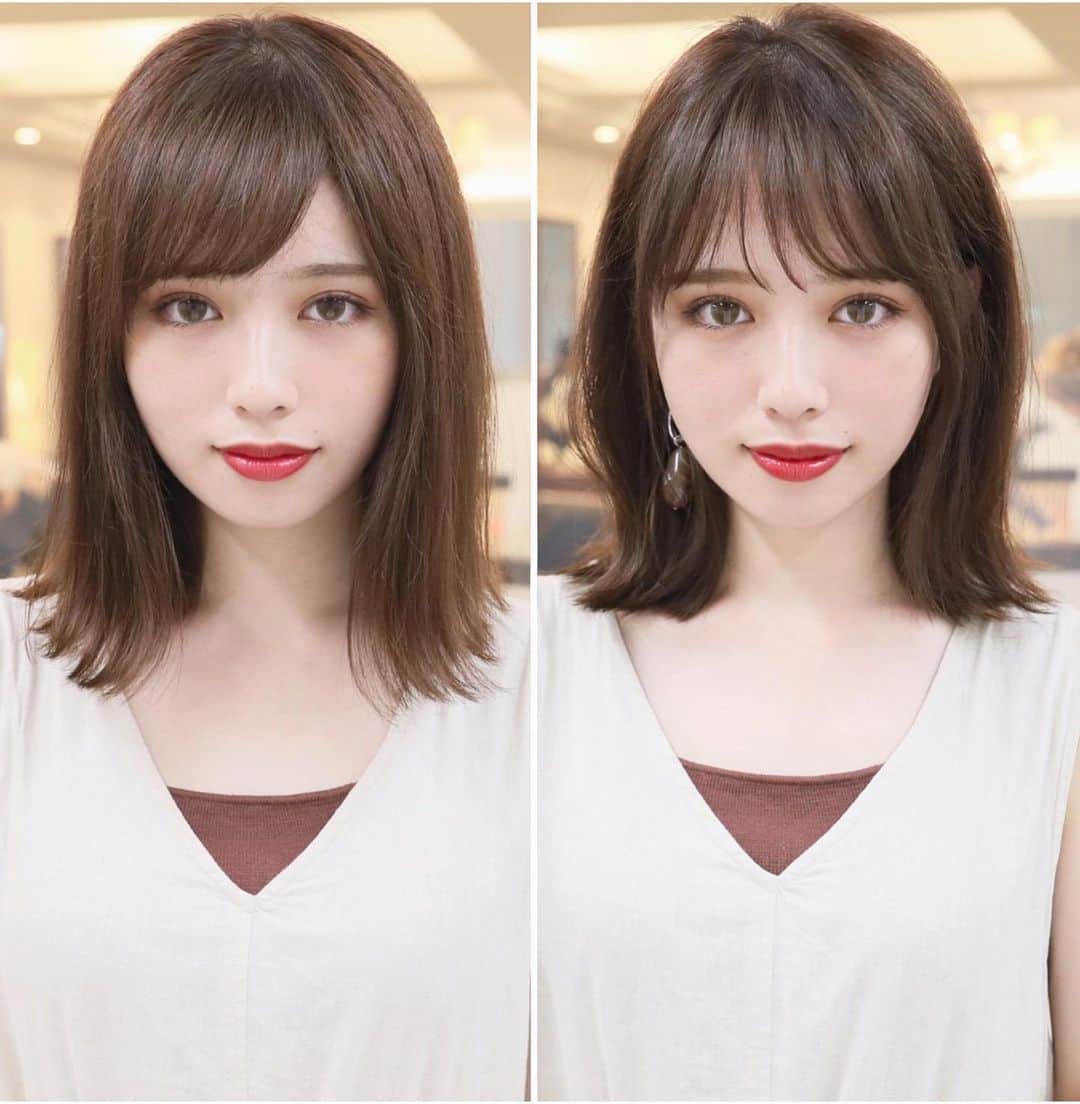 佐藤 康文さんのインスタグラム写真 佐藤 康文instagram 同じモデルさんの髪型比較です 長さはほぼ同じで左がストレート内巻きスタイルで右がふんわり外ハネスタイルです 伸ばし中で長さを変えたくない場合も 前髪の仕上げ方と内巻きか外はねかで印象を