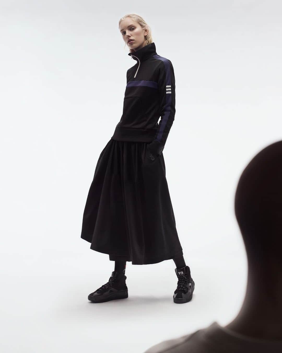 ワイスリーのインスタグラム：「Y-3 Firebird Half Zip Track Top , Y-3 Firebird Track Skirt and Y-3 HOKORI. Y-3 Fall Winter 2019. 📷: @yvanfabing Styling: @_mariechaix_ --- #adidas #Y3 #YohjiYamamoto Discover the collection at Y-3.com」