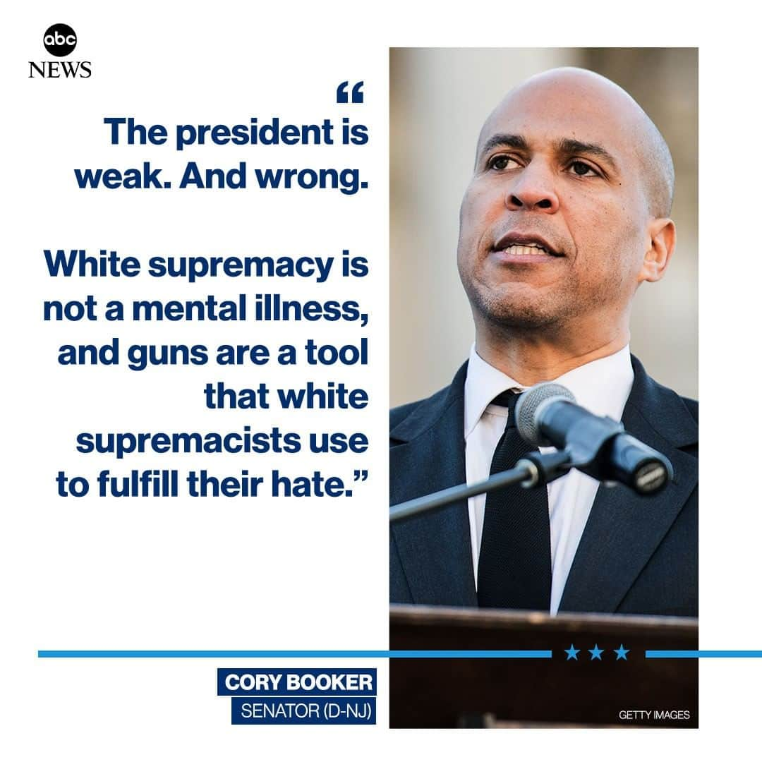 ABC Newsさんのインスタグラム写真 - (ABC NewsInstagram)「NEW: Sen. Cory Booker responds to Pres. Trump's remarks on mass shootings: "White supremacy is not a mental illness, and guns are a tool that white supremacists use to fulfill their hate." #corybooker #donaldtrump #gunreform #gunviolence #politics」8月5日 23時49分 - abcnews