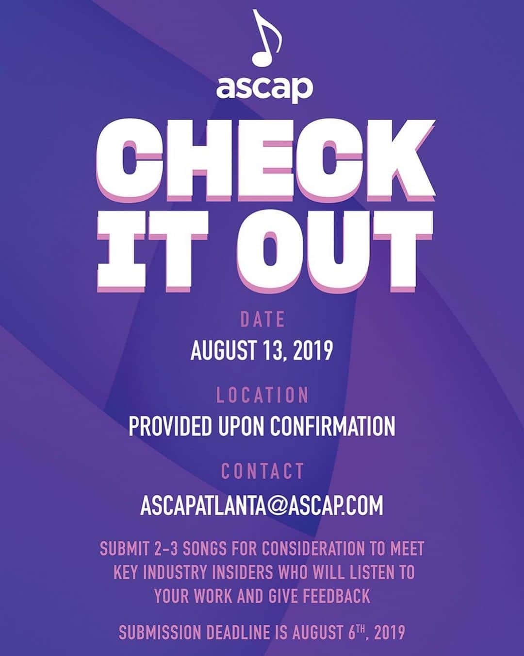 ASCAPさんのインスタグラム写真 - (ASCAPInstagram)「#ATLANTA artists, writers, producers: we want to hear your music & connect you with industry insiders. Email ascapatlanta@ascap.com with 2-3 songs by tomorrow to get a chance to come to #ASCAPUrban’s Check It Out series on 8/13. Tag your friends below.」8月6日 6時20分 - ascap