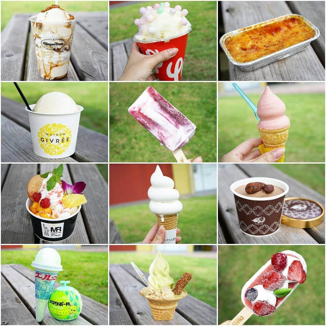 石関友梨のインスタグラム：「「あいぱく」で食べたアイスたち♥ #あいぱく #アイスクリーム万博 #YouTube #ゆりもりチャンネル #大食い #スイーツ嬢 #ハーゲンダッツ #コールドストーン #エルコーン #メロンボール #かき氷」