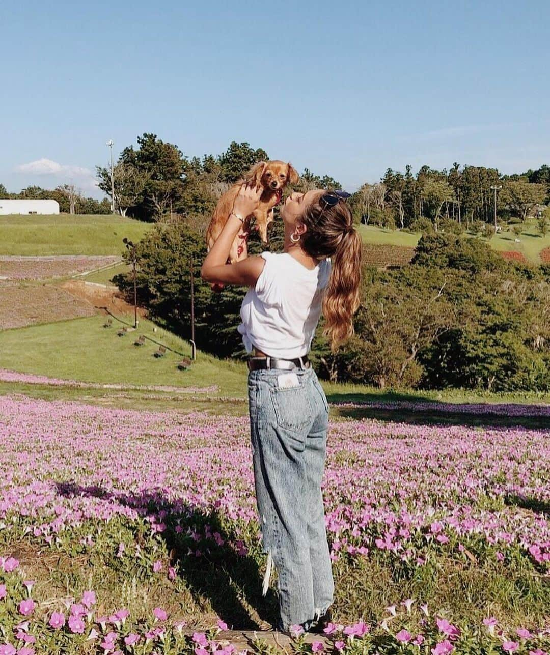 椿彩加さんのインスタグラム写真 - (椿彩加Instagram)「. おっはよ☀️ . ふてくん連れてマザー牧場行ってきたよ🐄 動物と触れ合えるところがほぼ わんちゃん禁止で動物には 一切触れ合ってません。笑 . ふてくんドッグランで 走りまくってて可愛いかったー❤️ . この1枚目のふてくんズームしてね すんごい顔してるからww . #おはよう #マザー牧場 #暑すぎて #服装 #間違えた #ふてくんも #牧場コーデ #サロペット #かわいすぎ #バカ親 #愛犬 #チワックス #チワワ #ダックス #どっご #mix #mypuppy #love #doggy #goodmorning」9月4日 12時13分 - ayaka_tsubaki23