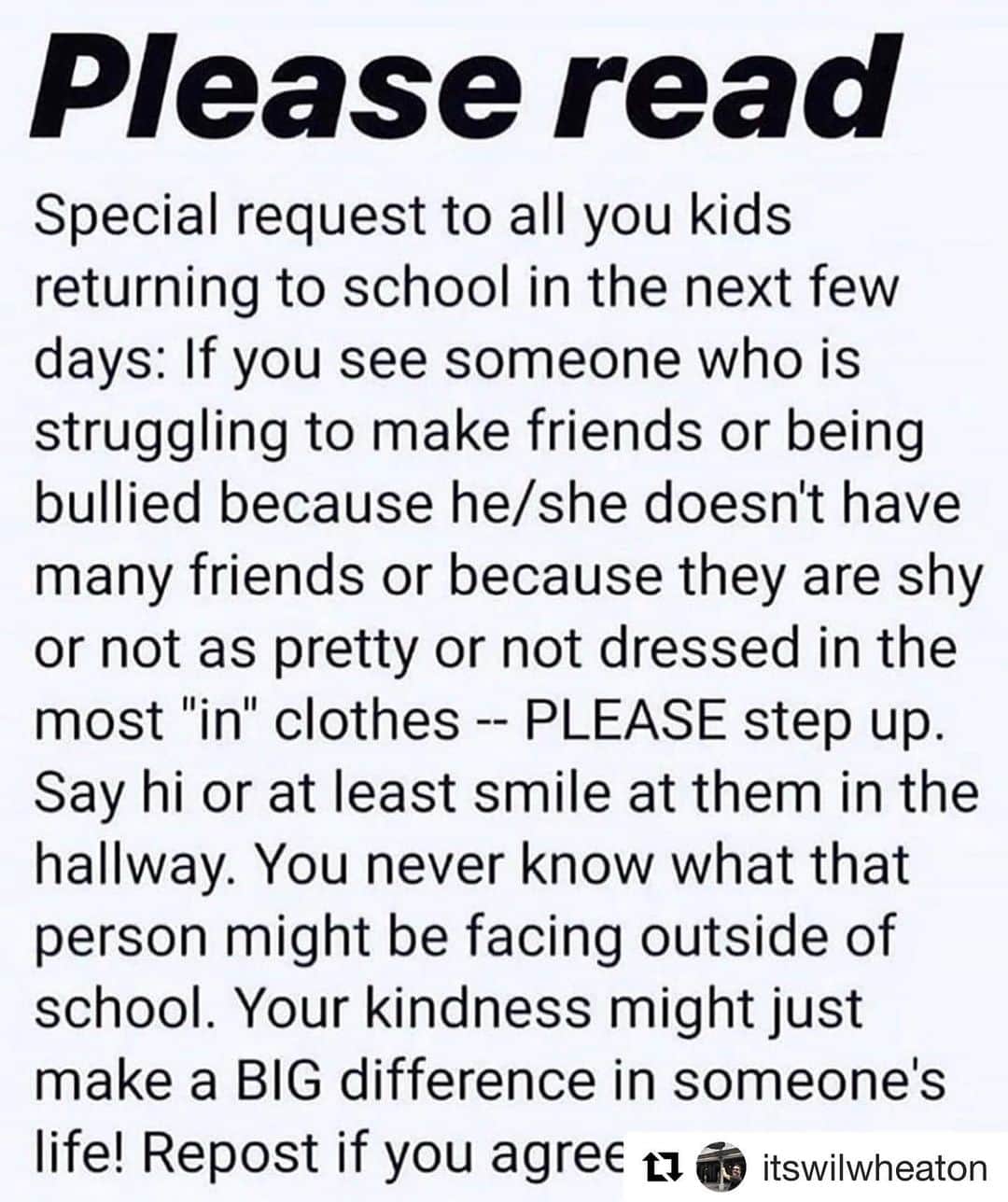 ジェリー・ライアンのインスタグラム：「#Repost @itswilwheaton with @get_repost ・・・ Posted @withrepost • @breckinmeyer Have a great school year and if someone’s down, help ‘em up.」