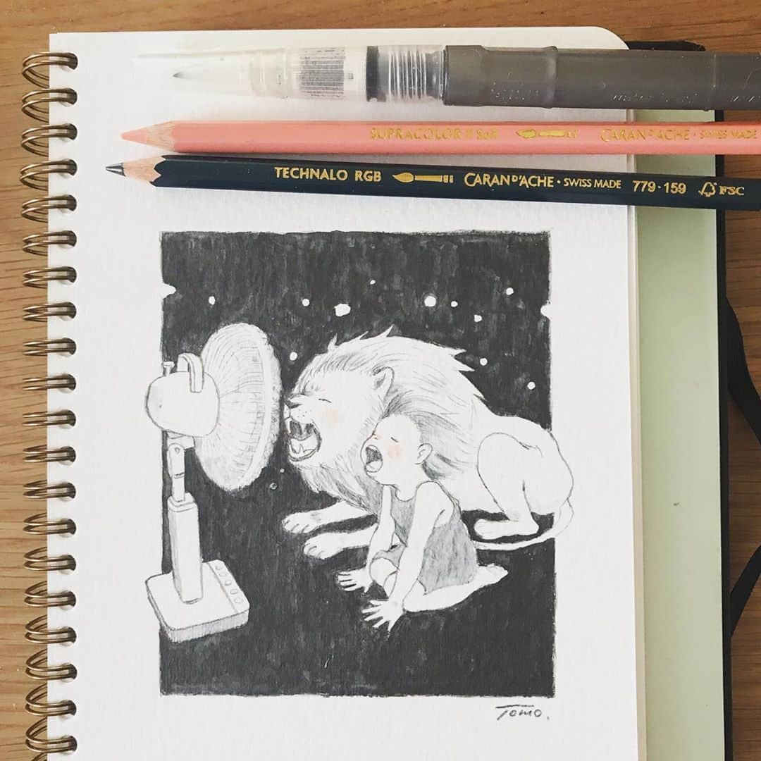 Tomoko Shintaniのインスタグラム：「残暑の雄叫び。 . 8月ももう終わりますね…🙄 . . Mossery社のSketchbookが9月5日までプロフのリンクから15%割引でご購入できます。購入時discount codeのフォームにTOKOMO15と入れてください。 . You can buy Sketchbook by Mossery 15% off from my prof link with the discount code “TOKOMO15” which will be valid until 5 Sept. Please enter the code when you check out.  #mossery #mosseryco #sketchbook #carandache #watercolorpencils #lion #roar」