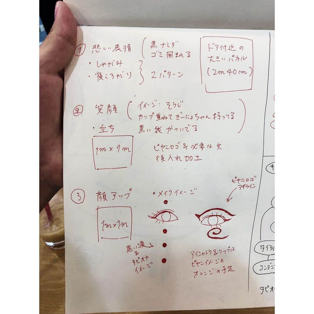 相羽瑠奈さんのインスタグラム写真 - (相羽瑠奈Instagram)「Piyanee × Asagiinyo ● ● ●﻿ アートディレクションとスタイリングを担当させて頂きました🐞﻿ ﻿ 渋谷にあるタピオカ屋のピヤニさんに、2m超えの長方形が1つ、1mの正方形が2つ、巨大なポスターとして展示されています。期間は8月31日〜9月29日まで！先着でこの作品のポスターカードのプレゼントも行なっているのでぜひ期間中に行ってみてね！🦑♥︎﻿ ﻿ model @asagiinyo﻿ direction&styling @una_monster﻿ photographer @banana__0113﻿ hair&make @_m.339﻿ assistant @shiochanim﻿ ﻿ ＿＿＿＿＿＿＿＿＿＿＿＿＿＿＿＿＿＿＿＿＿＿＿＿﻿ ﻿ ﻿ ここからは作品の裏側！気になる方は読んでみてね！（せっかくなので3枚目に今回の作品を考えたときのラフ画も載せてみる📝）﻿ ﻿ ● STYLING﻿ ﻿ タピオカのスタイリングを考えるときに、まず最初に思い浮かんだのはドット柄 ● ● ● @rrr_vintage の買い付けで見つけたインパクトのあるドット柄のスカートと、ピヤニのイメージからのオレンジを組み合わせてスタイリングを組みました 🍁 それからアクセサリーやシューズを合わせていって。このスタイリング組んでから、数珠がタピオカにしか見えなくなった。📿笑 ﻿ ﻿ ● CONCEPT﻿  コンセプトはどうしよう？どんなメッセージを伝える作品にしよう？って考えたときに、タピオカっていうテーマからどんどんイメージを膨らませていったら、『 🚯ゴミ問題 🚯』が出てきた。ポイ捨て。原宿や渋谷を歩いてると、平然とそこらへんに捨ててあるよね。良くない🙅‍♀️ これだ！せっかく作品にするのなら、これ伝えるべきだ！﻿ ﻿ ● POINT﻿ ﻿ どうやって表現しようかってところで煮詰まった。。部屋を見渡したら、黒いゴミ袋がポツンと目に入って、コレだ！！ってなって。黒いゴミ袋とタピオカのカップをばら撒いて、真ん中にぽつんとぎーにょちゃんに入ってもらい、どこか悲しいような、訴えるような表情をしてもらいました。🤨🥺ゴミ袋の方は、全体で見るとタピオカにも見えるようなイメージで、丸めたのもこだわり ● ● ●﻿ ﻿ 右側は、カップ何個も重ねて綺麗に片付けたぎーにょちゃんを表した！✨アンバランスなくねくね感が大変だったけど最高にかわいく仕上がった 〰️ ﻿ ﻿ ﻿ ● MAKE﻿ ﻿ メイクには、右目は黒い涙、（タピオカにも見立ててまんまるに ● ● ● 左目はピヤニさんのロゴを大胆に 🍂 最初はアイラインの予定だったけど、幅的に難しいねってなって眉毛に！﻿ ﻿ ﻿ ＿＿＿＿＿＿＿＿＿＿＿＿＿＿＿＿＿＿＿＿＿＿＿＿﻿ ﻿ ﻿ タピオカのスタイリングって聞いたことないし、タピオカを作品に落とし込んだのってこれが初かな〜？！って思う🙄！﻿ ﻿ 撮影前っていつも死ぬほど不安になるけど、出来上がると最高に可愛くて見惚れちゃう。アートディレクターっていうこんな重要な立場を任せてもらえて、嬉しいです！ぎーにょちゃん今回も声かけてくれてありがとう🌞♥︎ 撮影チームのみんなもありがとう 👭♥︎👭﻿ ﻿  1ヶ月あるので、期間中ぜひ見に行ってみてください。ピヤニのタイティータピオカおいしいので飲んでみて！🐞 そして、飲んだらちゃんとゴミは捨てましょう。ゴミ箱がいっぱいだからって道路にポイするのはやめましょう。﻿ ﻿ #ポイ捨て #ダメ #絶対 #タピオカ #あさぎーにょ #渋谷タピオカ #タピ #ピヤニ #Piyanee #Tapioca #Fashion #Styling #Art #Shibuya #Tokyo」8月31日 22時14分 - rone.runa