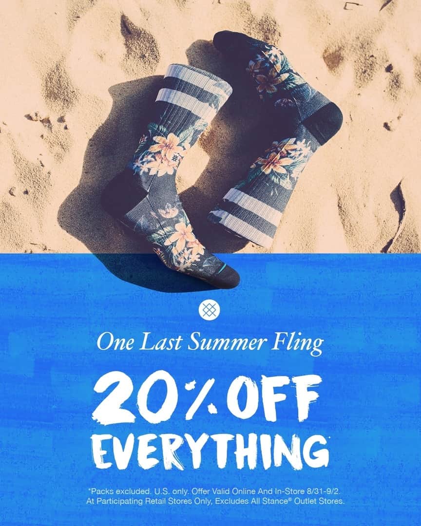 Stanceさんのインスタグラム写真 - (StanceInstagram)「Here's to one last Summer fling ☀️ For 72 hours only, we're offering 20% off on Stance.com and Stance full price Retail Stores. Get there while you can! 🏖️」8月31日 23時00分 - stanceofficial