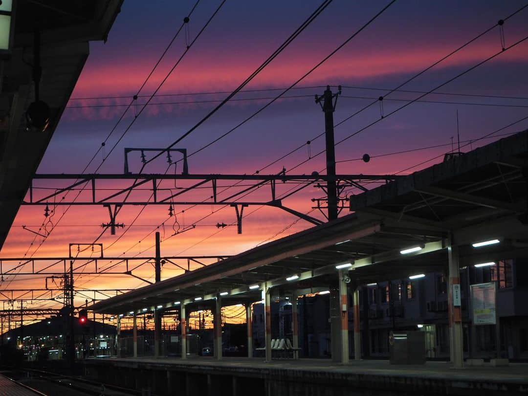 伊藤桃さんのインスタグラム写真 - (伊藤桃Instagram)「小倉沙耶さんと訪れた#山陽電鉄 の旅投稿もいよいよラスト☺︎ 🚃 林崎松江海岸駅からまた列車にむかって先へ先へ‥ 時期は8月の頭。台風の直前。 まるでも燃えるようなムラサキ。 夏の1日のおわり。初めて訪れる街に広がる夕陽にただただ心を奪われてました。 🚃 せっかくのフリーきっぷ。もちろん、#網干線 にものりました。 終点の山陽網干駅では、大好きな渋い居酒屋さんもさやさんにご一緒していただきました。 訪れたのは笑の家 さん。 まるで小津安二郎監督の映画に出てきそうな上品で素敵なお母さんが出迎えてくれました。 お手製のお惣菜の盛り合わせがお通しで、やはり関西ならではのたこ焼きもたべたよ！ 🚃 大満足のあとは山陽姫路駅へむかい、無事完乗達成✨ 改めて、始発で18きっぷで東京に旅立ってからのここまで乗り鉄楽しめるのすごいよね！☺︎ 楽しかったな♡ #sunset_love #sunset_pics  #夕焼け空」9月1日 0時46分 - itomomo_tetsu