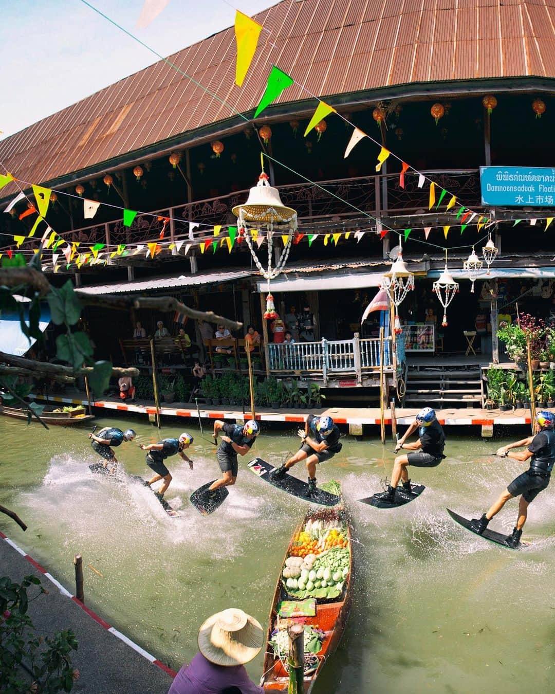 のインスタグラム：「How many Dominik Gührs does it take to wakeboard over a fruit stand? 🤯 . @nikguehrs #redbull #givesyouwings #wakeboarding #bangkok #thailand」