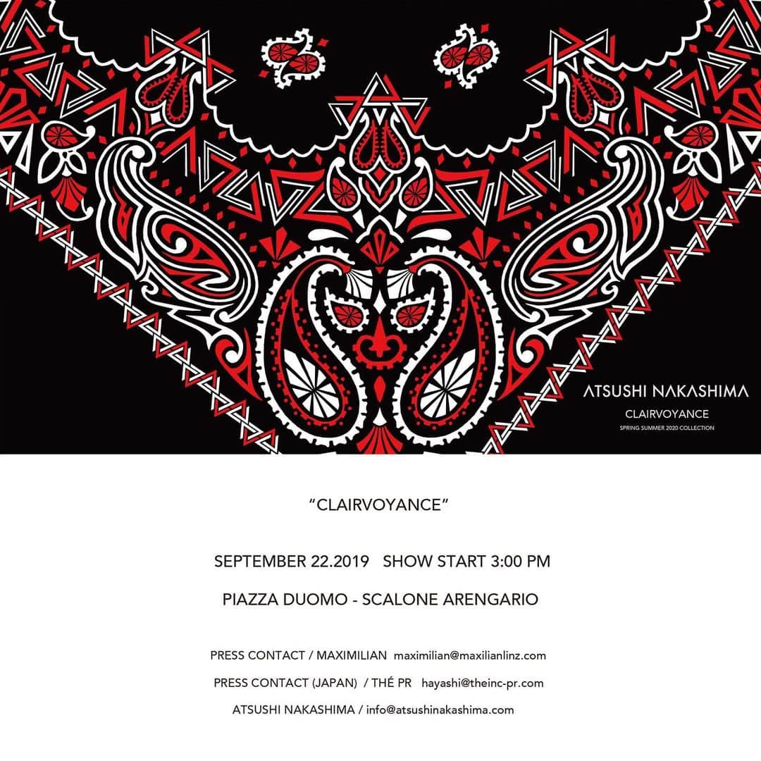 アツシナカシマのインスタグラム：「ATSUSHI NAKASHIMA 2020 SPRING SUMMER MILANO COLLECTION  2019.9.22(sun) 3pm start (日本時間22:00)  #atsushinakashima #アツシナカシマ #mfw」