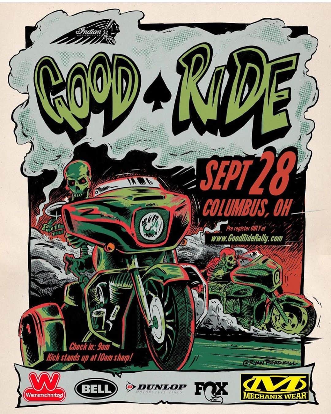ケアリー・ハートさんのインスタグラム写真 - (ケアリー・ハートInstagram)「Who’s riding with us on the @goodride in Columbus, Ohio Sept. 28th? This is going to be a awesome day of riding, and will end with a fun party @aimexpo !! If you are signed up or purchase an entry for a veteran you are eligible for this weeks giveaway from our friends @fox !! Link in my bio takes you to the registration page. Special thanks to:  @IndianMotorcycle @Wienerschnitzel @Mechanix_Wear @Fox @RideDunlop @Bell_Powersports  Artwork: @RyanRoadkill」9月2日 0時12分 - hartluck