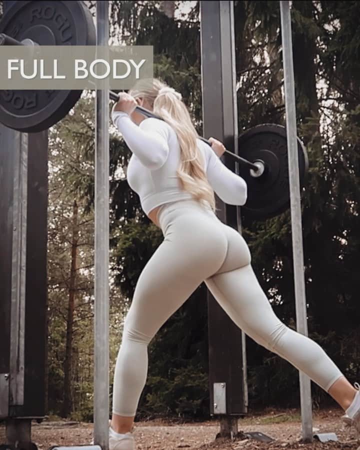 Anna Nyströmのインスタグラム：「Making the most out of these last summer nights with a full body workout outdoors 💪🏻😌🌲 ➊ Push-up - 5 sets x 20 reps ➋ Thrusters - 5 sets x 12 reps ➌ Stationary lunge - 5 sets x 20 reps (10 each leg) ➍ Running - 20 min  Save it, try it out and let me know how it went! 💗」