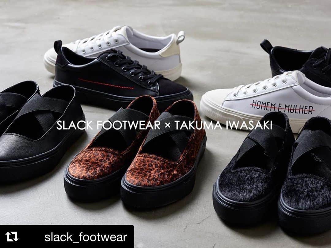 のインスタグラム：「SLACK FOOTWEAR x TAKUMA IWASAKI @takuma_iwasaki﻿ ﻿ ﻿ 日本を代表するファッションモデル岩崎拓馬氏をディレクターとして迎え入れた、特別ライン。独自の世界観が落とし込まれた、今までのSLACK FOOTWEAR にはないコラボプロダクトが完成。﻿ ﻿ コラボスニーカーが re:tackのサイト以外に Slackのオフィシャルサイトからも 購入出来るようになりました  Slackのインスタから 購入できるようになってるので 是非チェックしてみて下さい！ ﻿ #slackfootwear #takumaiwasaki #collaboration #sneakers #retack」