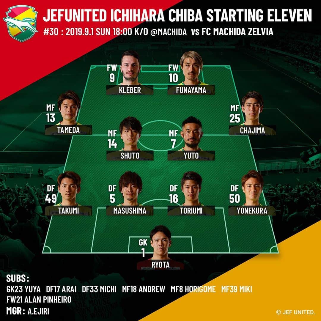ジェフユナイテッド市原・千葉のインスタグラム：「. 2019.9.1 SUN 18:00 K/O vs MACHIDA ZELVIA JEFUNITED STARTING XI . #jefunited #jef #ジェフ千葉 #ジェフユナイテッド #ジェフ #FC町田ゼルビア  #スターティングメンバー #スタメン #明治安田生命J2リーグ #Jリーグ #jleague  #勝利を掴み取れ」