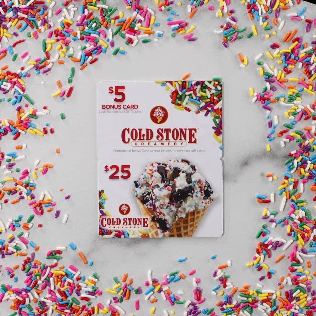 コールド・ストーン・クリーマリーのインスタグラム：「Treat yourself this month to something really sweet! In-Stores Only - During the month of September, purchase a Limited Edition $25 gift card & receive a $5 bonus card!* . . . *Bonus card valid 10/01-11/30/2019. Dual pack available while supplies last. Available for purchase in store only. Additional restrictions may apply.」