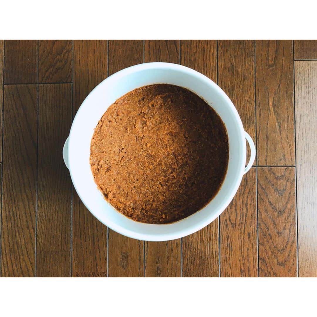 竹中友紀子のインスタグラム：「#発酵生活  今年の初めに仕込んだお味噌。 夏を越してどうなっているか久しぶりに蓋を開けてみました。 たまりがでていたので取りのぞき、天地返しをしました。 たまりもお味噌からもらった大切なプレゼント。お醤油代わりに料理に使いたいと思います。 もう十分食べられそうですが、もう少し寝かせてみます。」