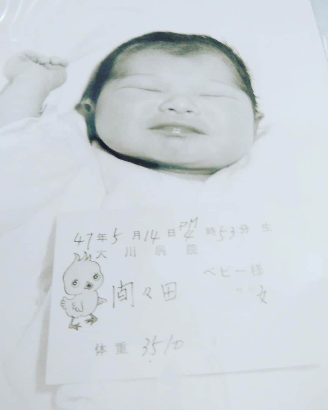 間々田佳子のインスタグラム：「母に私の写真を送ってと頼むと…  なんとも立派な顔の写真が送られてきました！💦 この世に生まれたことに とても満足している様子のワタシ🤣 こんなにどっしりとした赤ちゃん 見たことがない…苦笑  #あかちゃん」