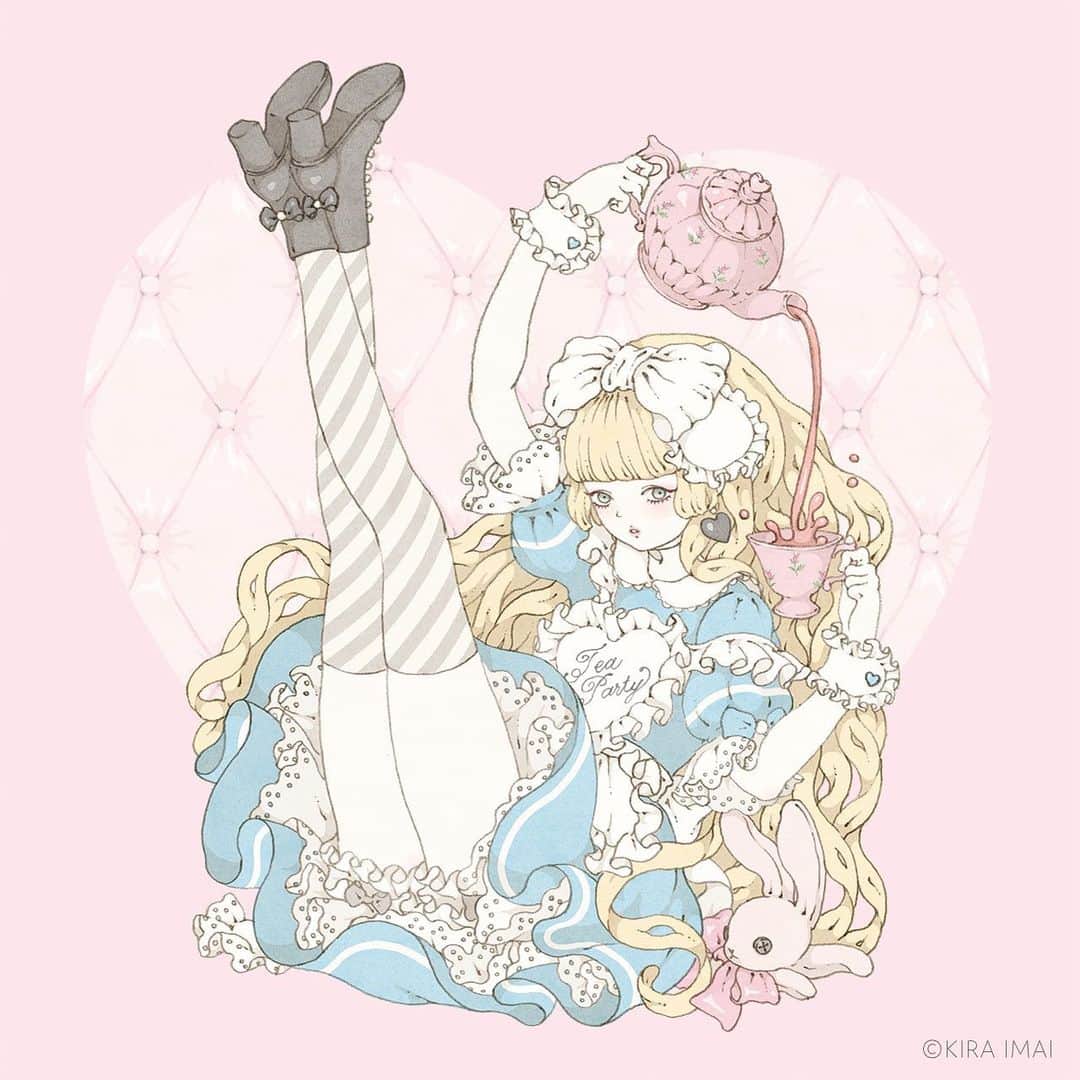 今井キラのインスタグラム：「𝚃𝚎𝚊 𝙿𝚊𝚛𝚝𝚢﻿ 𝟸𝟶𝟷𝟽﻿ ﻿ ☕️﻿ ﻿ ☕️﻿ ﻿ ☕️﻿ ﻿ #☕️ #teaparty #pink #ピンク #alice #アリス﻿ #ティーパーティ #sweetlolita #lolitafashion #girlsillustration #ロリータ #kawaii #kiraimai #イラスト #illustrator #イラストレーター」