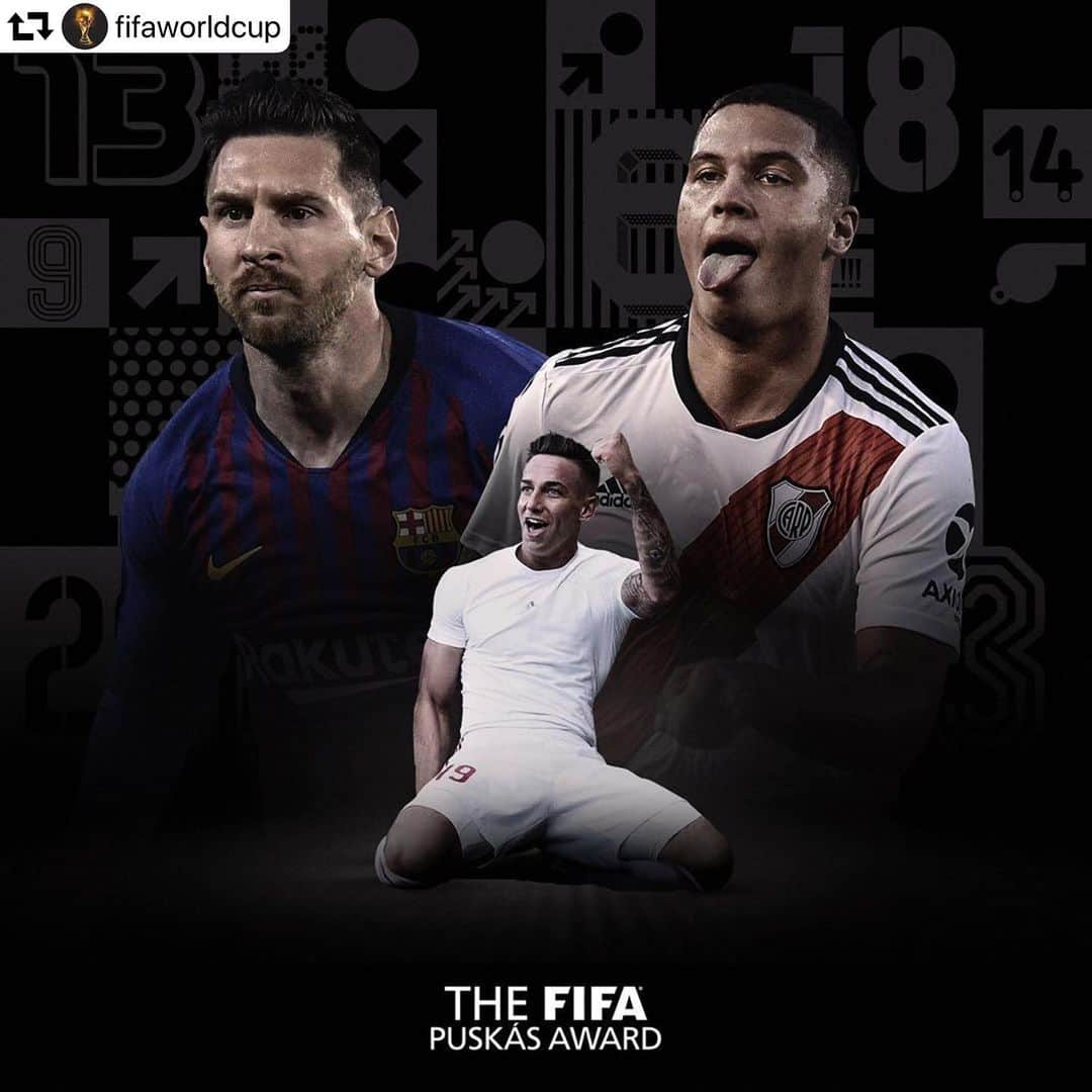 サッカー コロンビア代表チームのインスタグラム：「Felicitaciones a @juanferquinterop por ser uno de los tres finalistas al Premio Puskas de la FIFA. ⚽️💪🏻🎩 #repost @fifaworldcup ・・・ The Finalists for #TheBest FIFA Puskás Award are: . 🇦🇷 Lionel Messi (Barcelona) 🇨🇴 Juan Fernando Quintero (River) 🇷🇴🇭🇺 Daniel Zsori (Debrecen) . ⚽️ Which #Puskas Award finalist goal is your favorite? #FIFAFootballAwards #Messi #Quintero #Zsori」