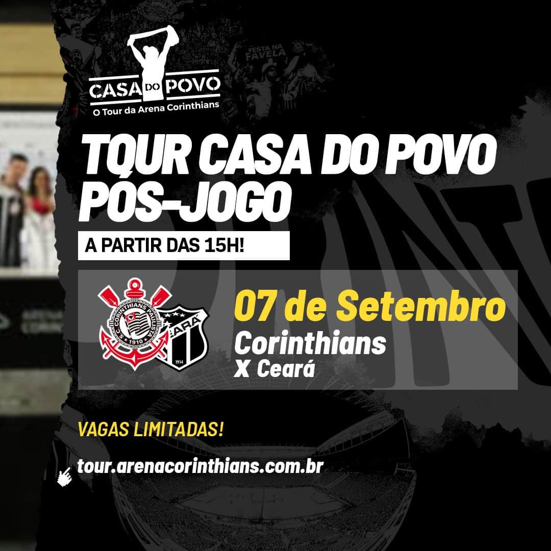 コリンチャンスさんのインスタグラム写真 - (コリンチャンスInstagram)「Partiu tour pós-jogo? . . Dia 07/09 (sábado) o Corinthians tem mais um desafio pelo @brasileirao aqui na Arena Corinthians. E depois da partida contra o Ceará, o tour #CasaDoPovo funcionará normalmente. . . Confira os horários disponíveis e garanta seu ingresso em tour.arenacorinthians.com.br. . . #AquiÉArenaCorinthians」9月3日 0時30分 - corinthians