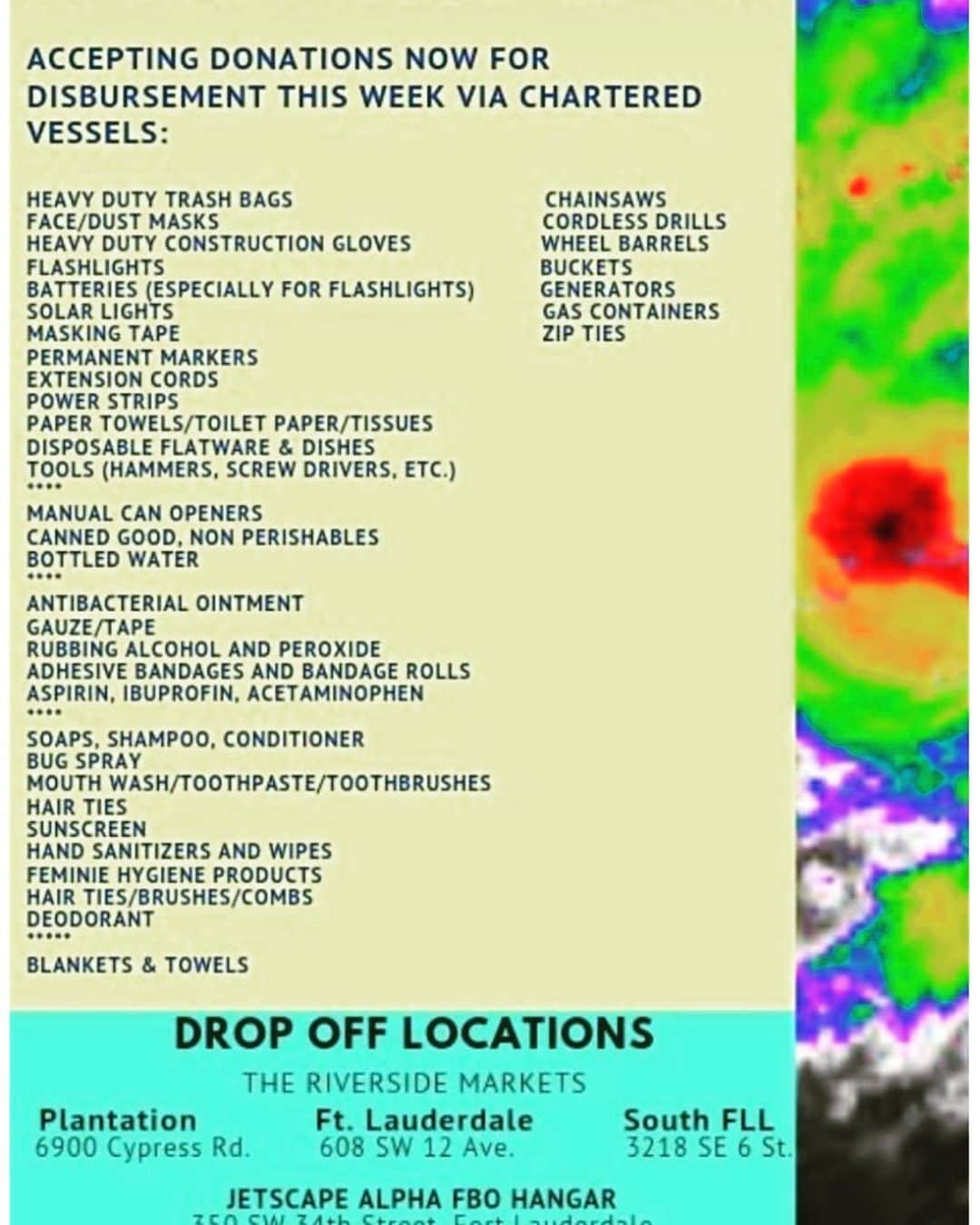 デブラ・メッシングさんのインスタグラム写真 - (デブラ・メッシングInstagram)「IF YOU WOULD LIKE TO HELP those affected by #HurricaneDorian please DONATE any of the supplies listed above and bring to these drop offs in Fort Lauderdale. @mindfulskatergirl and her team have chartered a yacht to take these supplies to the Bahamas once the hurricane passes. please follow her feed for more details. She also is setting up a GOFUNDME account. Please give what you can. $5 makes a difference! Praying everyone stays safe.🙏🏻 #bahamas #Dorian #fortlauderdale #florida」9月3日 1時02分 - therealdebramessing