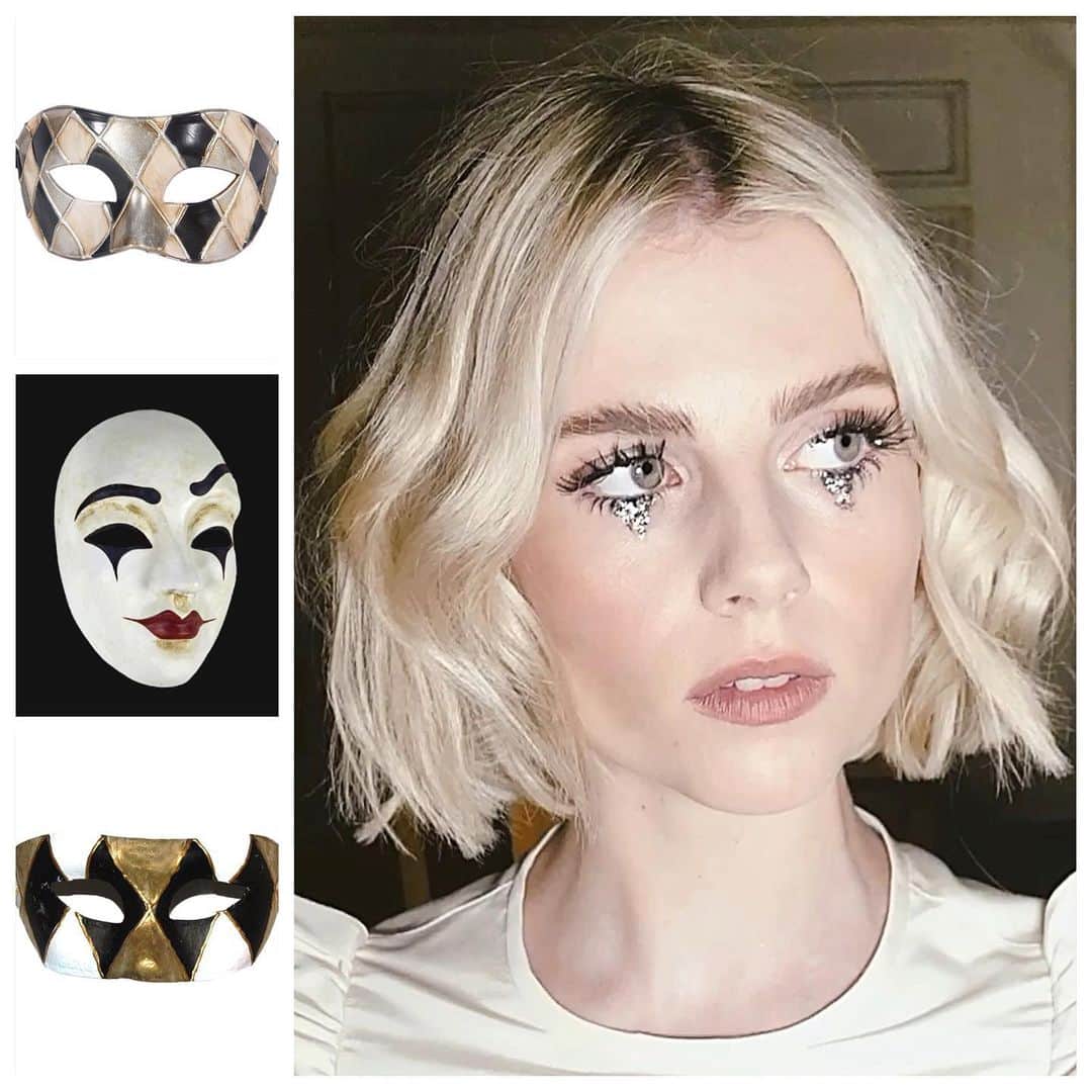 JO BAKERのインスタグラム：「L U C Y • B O Y N T O N 🇬🇧 Venetian glitter tear drops on #lucyboynton at #venicefilmfestival  Wearing @miumiu  Hair @halleybrisker  Makeup by me #jobakermakeupartist using pewter tone glitter and silver crystals in a half diamond shape to give a nod to #masqueradeball #venetian #facemasks ... applied at speed as a quick change for the evenings festivities !!」