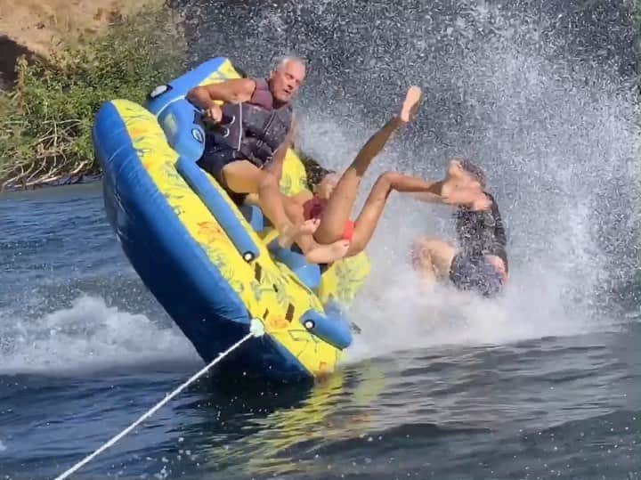 ギャレット・バックストロームのインスタグラム：「Happy Labor Day! This quick snippet was captured by my momma @elizabethbackstrom of my dad, @shohrehkhalilova and I catching a fat L on the river yesterday. Tubing is all about balance in order to avoid obliteration. My dad failed to lean right which caused the tube to capsize at high speed. After the crash I was afraid my dad broke his neck because he is 71 years old! But he took the wipeout like a champ and didn’t complain but rather told me after how much fun he had tubing with me and my girl. This was an experience I will remember for the rest of my life. It was also Sho’s first time tubing. She wanted to keep going even after this crazy wipeout, which I was afraid would scar her... but it did the opposite🤣 BTW instead of taking my dad to the ER, my dad chose to self medicated with a Vodka Martini which worked well. He is feeling fine today! 🚤💨🌊 #laborday #tubing #willametteriver #fail #wipeout」