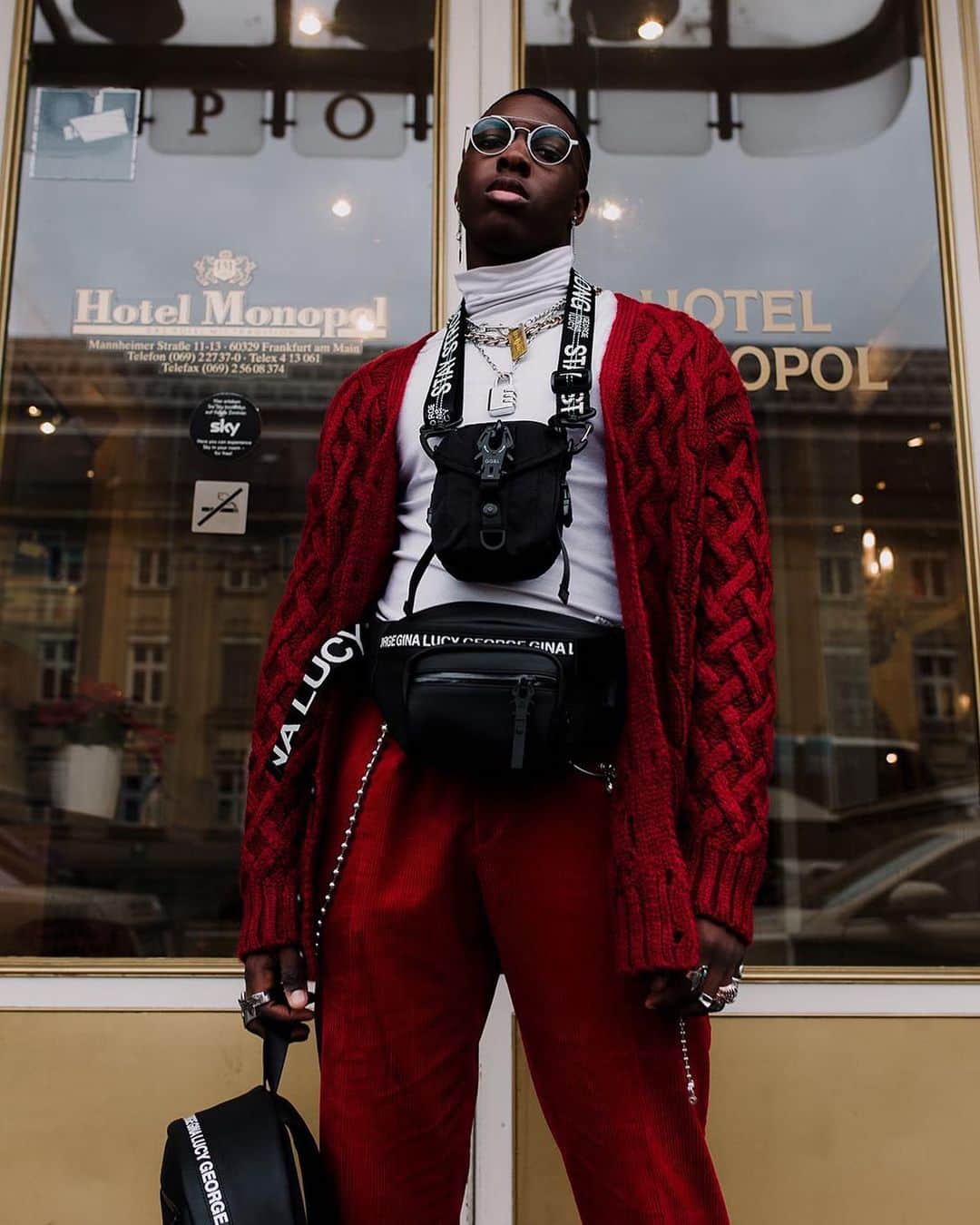 ジョージジーナ&ルーシーのインスタグラム：「@_mathewtheone_ fully equipped with our „Allnighter72“, Belly Bean and Sonix Sista made out of vegan leather Photographer: @calicadoo  Creative Direction: @yvon_sunlight_  Stylist: @stylistmashaschubbach • • • • #georgeginalucy #gglsquad #snobshots #hypebeast #hsstyle #35mm #vsco #justgoshoot #simplefits #basementapproved #portraiture #bag #accessoires #streetwear #paris #france #fashionweek #menswear #ootdmen #streetfashion #mensfashion #highsnobiety」
