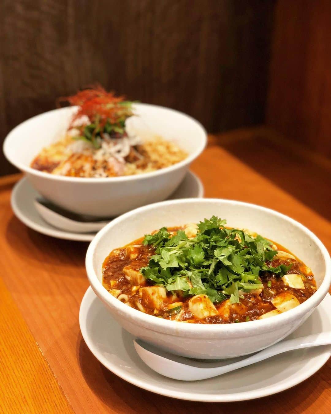 のインスタグラム：「. 食べたかったパクチー麻婆麺🔥🔥🔥🔥🌿 . シオリエル(@porcelarts_shioriel)の投稿を見て 行ってみたかった「蝋燭屋 表参道ヒルズ店」で さとちゃん(@tomi_samy)とランチ👩‍❤️‍👩 . 🍜パクチー麻婆麺 倍辛(4辛) 🍜冷やし担々麺 よだれ鶏のせ . 4辛でも程良い辛さとビリビリ感だったので、 次回はさらに辛さ激増し＋痺れ激増しで食べたい😋🌶 . かなり美味しかった〜😆🙏💓 . #蝋燭屋  #SHIBIRENOODLES蝋燭屋 #蝋燭屋表参道ヒルズ店  #表参道  #表参道ヒルズ #表参道ラーメン  #ラーメン  #激辛  #激辛ラーメン #パクチー  #パクチー麻婆麺  #冷やし担々麺 #🌶 #🔥 #🍜」