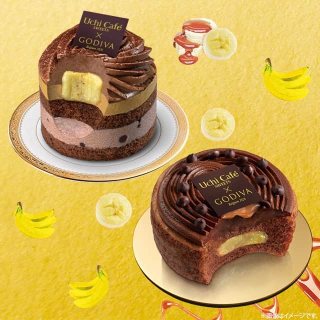 のインスタグラム：「ローソン限定「Uchi Café×GODIVA」コラボ💛 . 「ショコラバナーヌ」はフレッシュで芳醇なバナナ広がる5層の濃厚ショコラケーキ🍌 . 「キャラメルバナナシフォン」はとろけるキャラメルとふんわりショコラの相性抜群❢ . 是非おためしください♪ . #ゴディバ #チョコレート #ショコラ #バナナ #シフォンケーキ #ローソン #ローソンスイーツ #ウチカフェ #コンビニスイーツ #数量限定 #限定 #スイーツ #デザート #godiva #chocolate #banana #cake #lawson #uchicafe #sweet #sweets #limited #instasweet #instadessert #dessert」